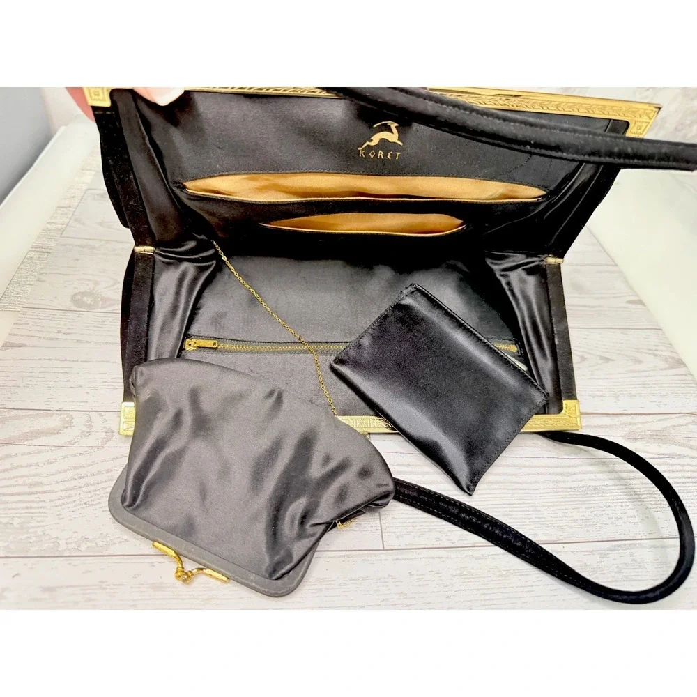 Koret Vintage Black Suede Evening Handbag W Chained Coin Purse & Mirror w Pouch